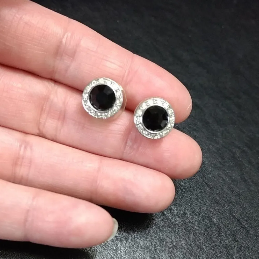 Silver tone black clear round rhinestone earrings